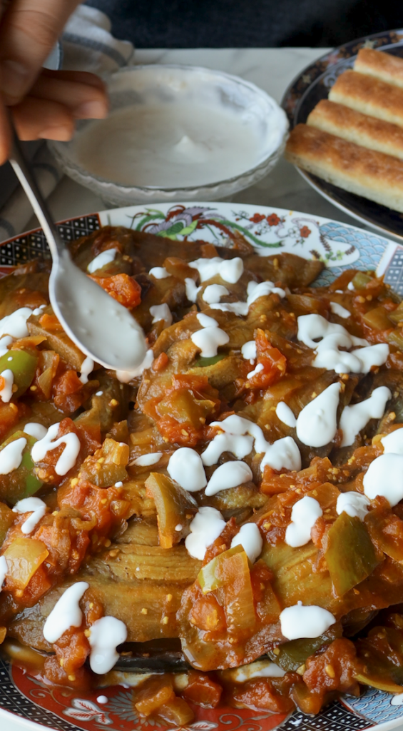 a big plate of Borani Banjan. Afghan Eggplant